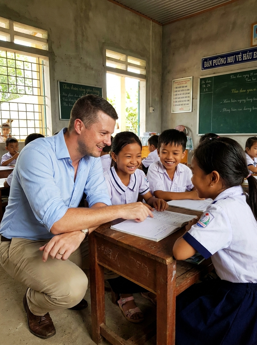 Volunteer engaging with children in a rural Vietnamese classroom