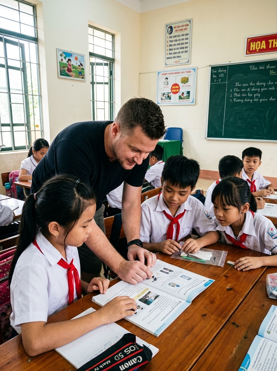 Volunteer helping students with schoolwork in Vietnam
